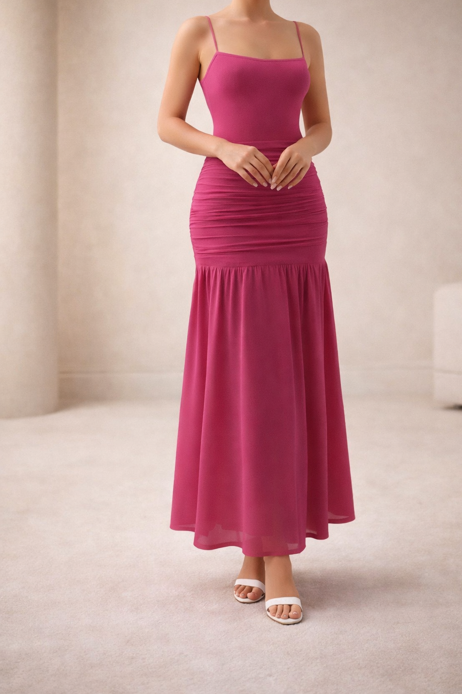 Deep Rose Atelier dress by LOROMIA, featuring a flowing fabric and elegant design, showcased on a model.